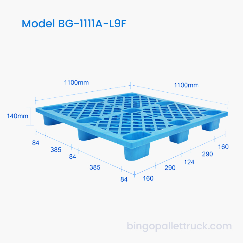 1100x1100mm könnyű 9 lábú műanyag raklap 4 irányú bemenettel raklapemelőhöz