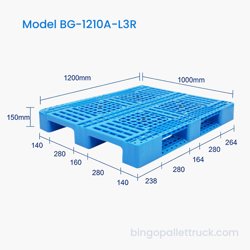 1200x1000 mm-es könnyű, 3 futóműves műanyag raklap raktárhoz