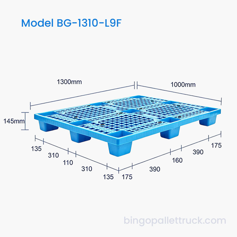 Nagy szilárdságú, 1300x1000 mm-es 9 lábú könnyű műanyag raklap logisztikai célokra