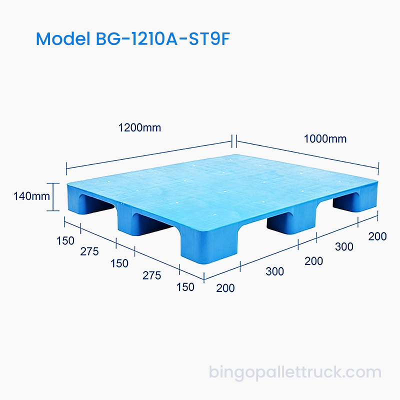 Tartós, 1200x1000 mm-es tömör felső 9 lábú műanyag raklap gyakori szállításhoz